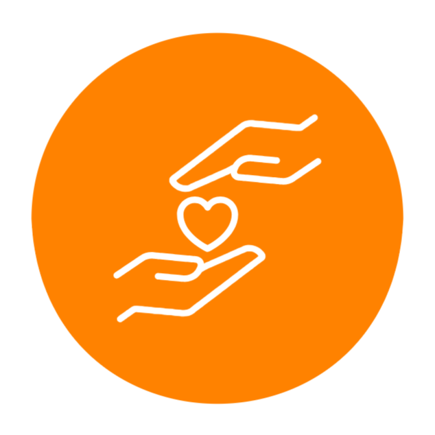 Orange circle with a graphic of two hands with a heart in between them.