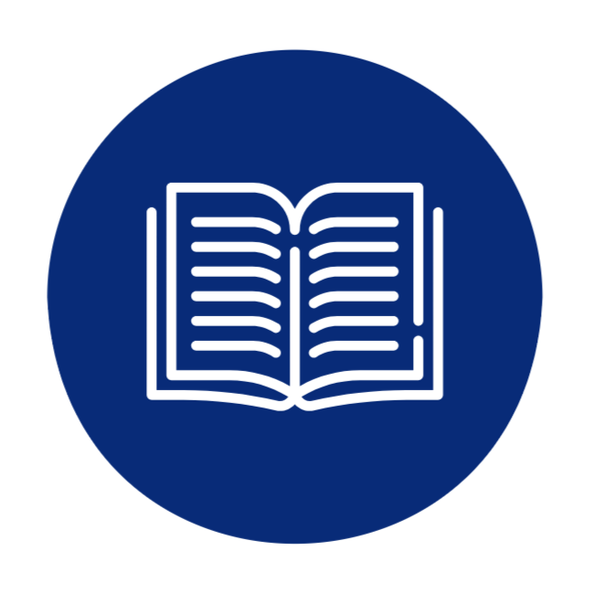 Navy blue circle with a graphic of an open book.