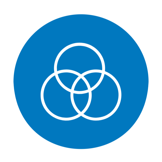 Light blue circle with the graphic of three overlapping circles like a Venn diagram