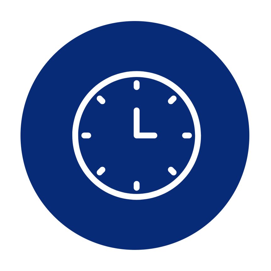 A navy blue circle with a graphic of a clock inside it