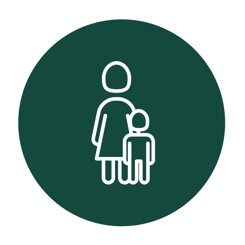 A dark green circle with a graphic of a woman and child.