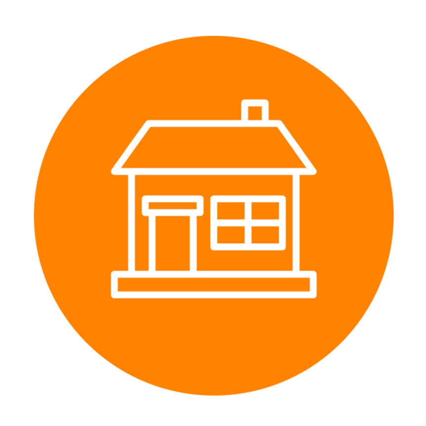 An orange circle with a graphic of a house inside it